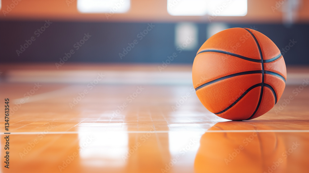 Fototapeta premium Basketball ball on court close up with blurred arena in background