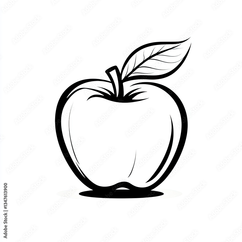 Simple line drawing of a single apple with leaf and shadow. Simple line drawing of a single apple with leaf and shadow.