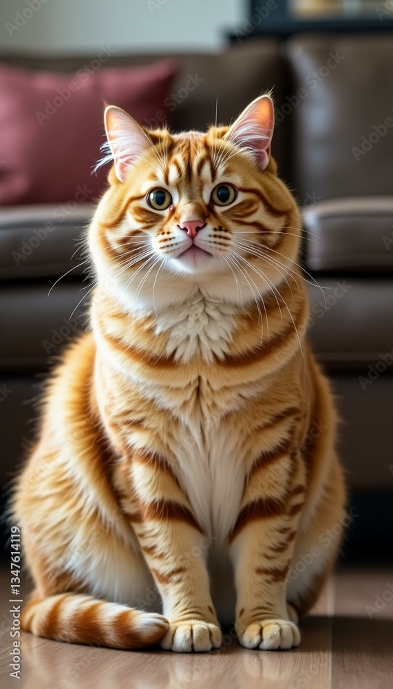 Fluffy orange and white cat sits proudly on a wooden floor, surrounded by a lovely living room decor. Playful spirit shines through its chubby figure, inviting cuddles and joy Generative AI Fluffy orange and white cat sits proudly on a wooden floor, surrounded by a lovely living room decor. Playful spirit shines through its chubby figure, inviting cuddles and joy Generative AI