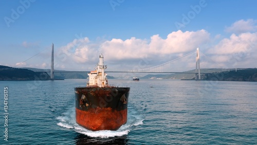 In early morning light, a weathered cargo ship glides gracefully through Bosphorus Strait, its rusty hull contrasting serene blue of sky. Bow wave creates gentle ripple on water's surface as city