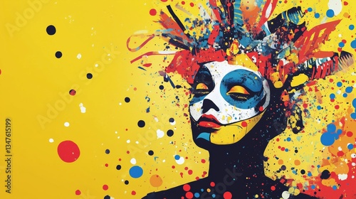 Stylized portrait with splatter paint and feathers on vibrant yellow background