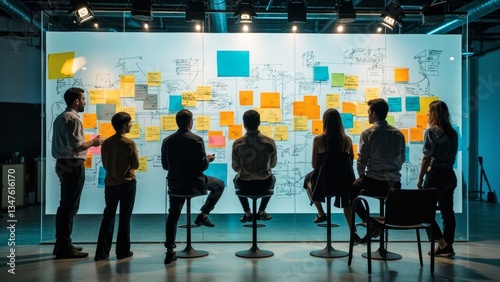 Cross-functional team collaborating on digital workflows with sticky notes in a bright studio photo