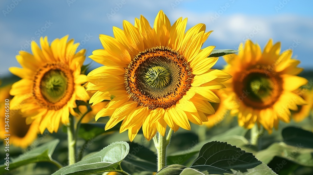 Obraz premium Vibrant sunflowers bloom under a clear blue sky in a picturesque field during summer season