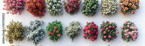 3d model of different types of flowers and shrubs, white background, different types of bushes, flowers and trees in the realistic style.