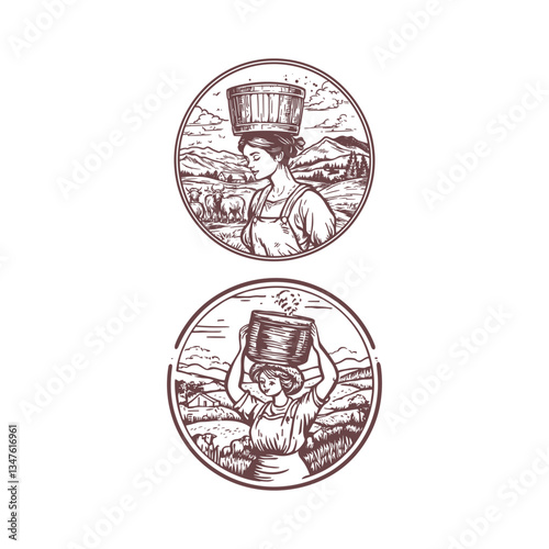 milkmaid carrying wooden bucket design vector template illustration