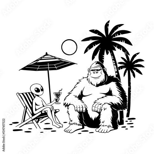 Alien and Bigfoot on vacation. Funny scene on the beach, an alien in a sun lounger under an umbrella enjoys a cocktail, and next to him sits a large friendly bigfoot