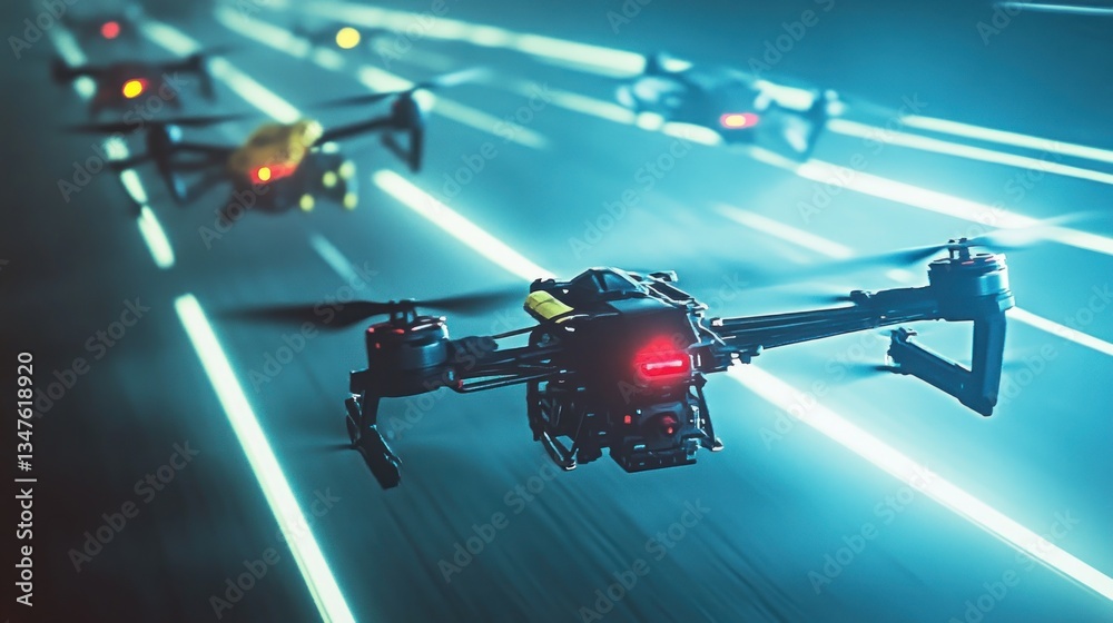 Futuristic drone racing competition with dynamic lighting effects and technology showcase