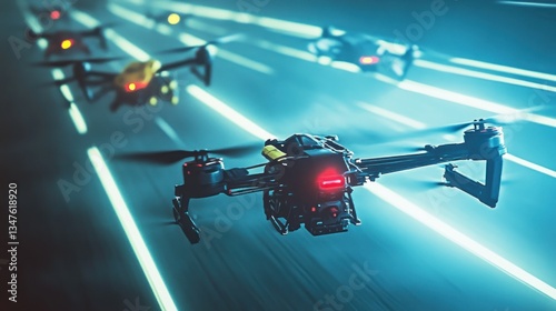 Obraz na płótnie Futuristic drone racing competition with dynamic lighting effects and technology showcase w salonie