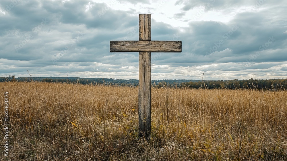 Wooden Christian Cross Standing in a Serene Field – A Symbol of Faith and Tranquility Wooden Christian Cross Standing in a Serene Field – A Symbol of Faith and Tranquility