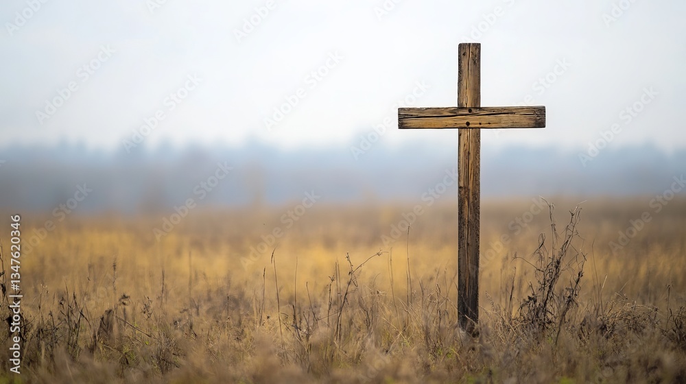 Wooden Christian Cross Standing in a Serene Field – A Symbol of Faith and Tranquility Wooden Christian Cross Standing in a Serene Field – A Symbol of Faith and Tranquility