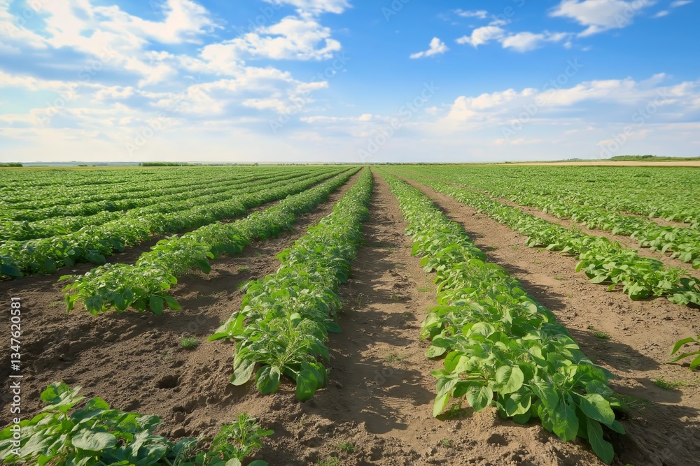 Long rows of potato plants thriving in a cultivated agricultural field, stretching across the landscape under a vibrant blue sky adorned with fluffy white clouds Long rows of potato plants thriving in a cultivated agricultural field, stretching across the landscape under a vibrant blue sky adorned with fluffy white clouds