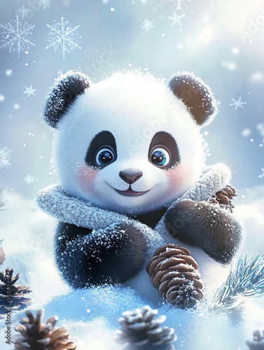Cute panda wearing fluffy winter coat earmuffs holding pinecones surrounded falling snowflakes cozy festive scene snowy landscape adorable wildlife warm clothing cold season holiday charm joy cute