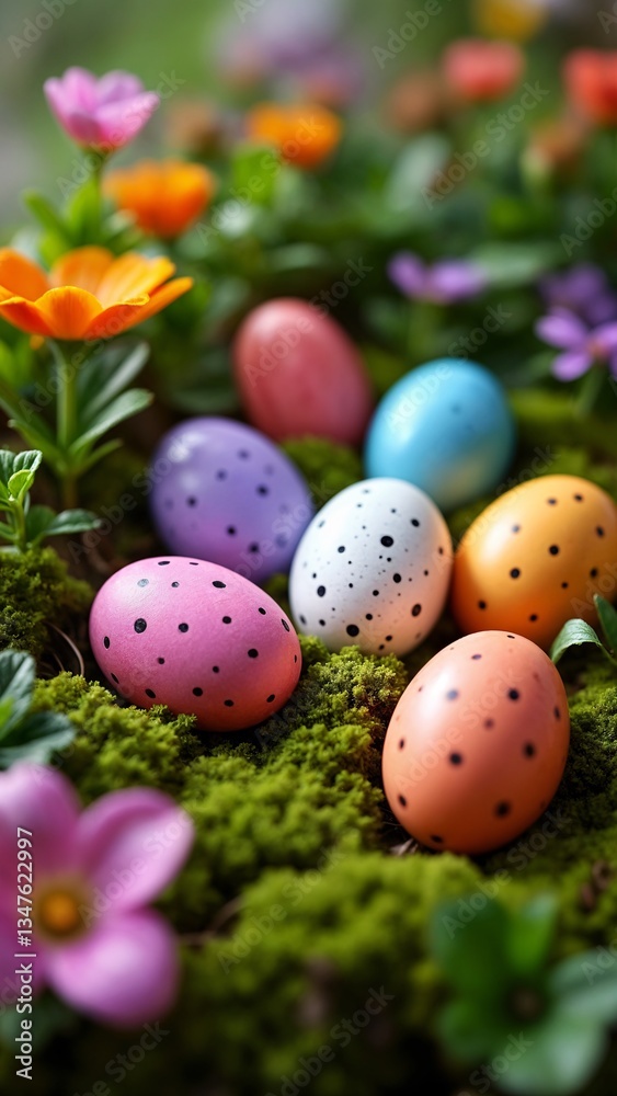 A group of colorful painted eggs sitting on top of a moss covered ground. A group of colorful painted eggs sitting on top of a moss covered ground.