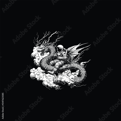 astronaut riding mighty dragon design vector template illustration
