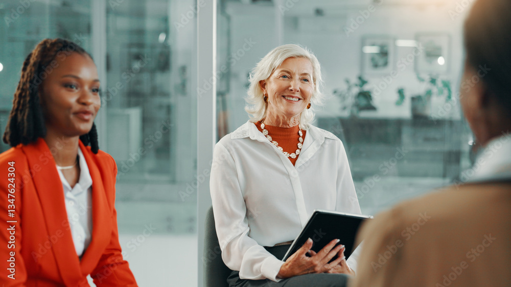 Obraz premium Tablet, job interview and business women in office for recruitment, hiring or onboarding for magazine. Questions, discussion and team of HR managers with candidate for career opportunity at agency.