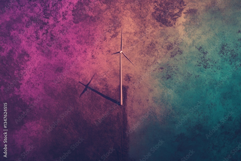 Aerial view of a single wind turbine against a vibrant, textured backdrop of pink and teal. Aerial view of a single wind turbine against a vibrant, textured backdrop of pink and teal.