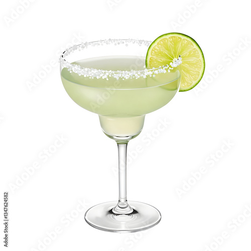 A classic margarita cocktail with a salted rim and lime slice in a margarita glass, isolated on a transparent background.
