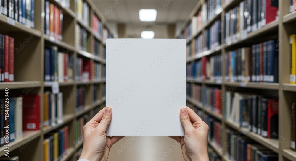 Hands holding blank white square card in library aisle with bookshelves full of books in background Hands holding blank white square card in library aisle with bookshelves full of books in background