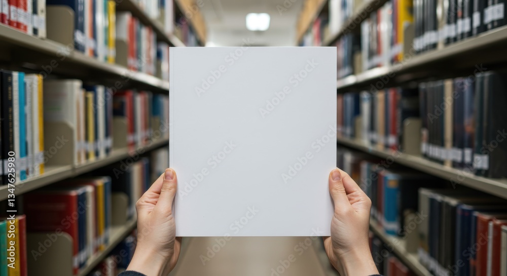 Person holding a blank white square in a library aisle with bookshelves full of colorful books Person holding a blank white square in a library aisle with bookshelves full of colorful books