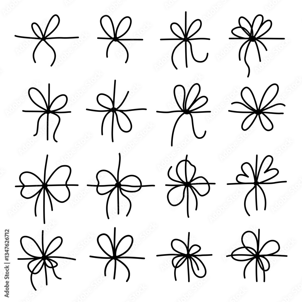 Hand-drawn bow set with elegant and decorative ribbon knots in various styles, black line art Hand-drawn bow set with elegant and decorative ribbon knots in various styles, black line art
