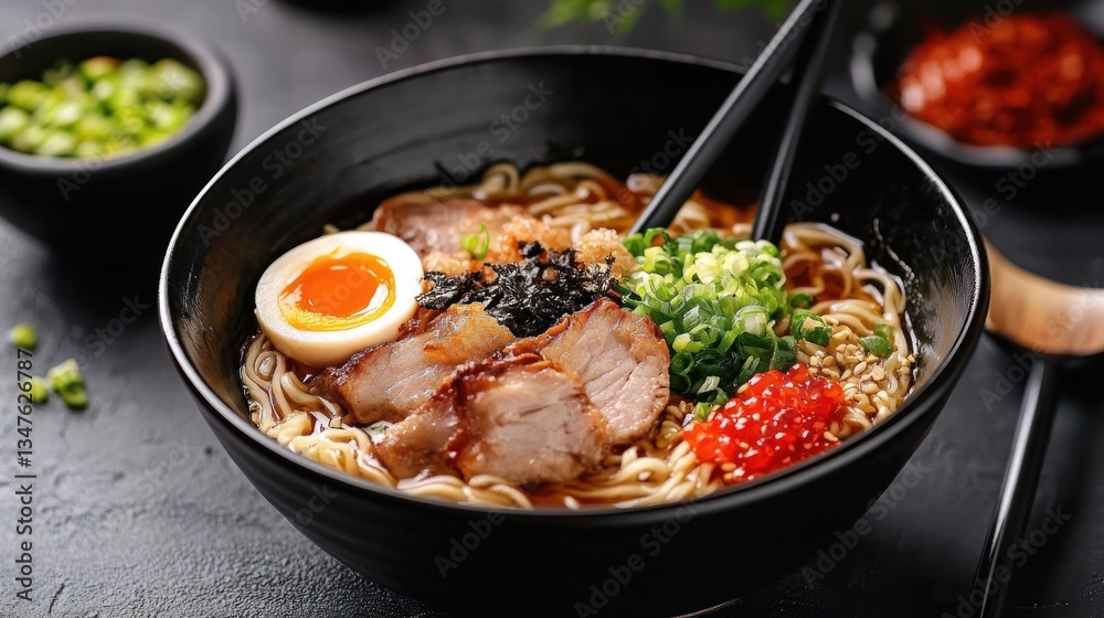 Bowl of delicious ramen with pork, egg, and toppings Bowl of delicious ramen with pork, egg, and toppings