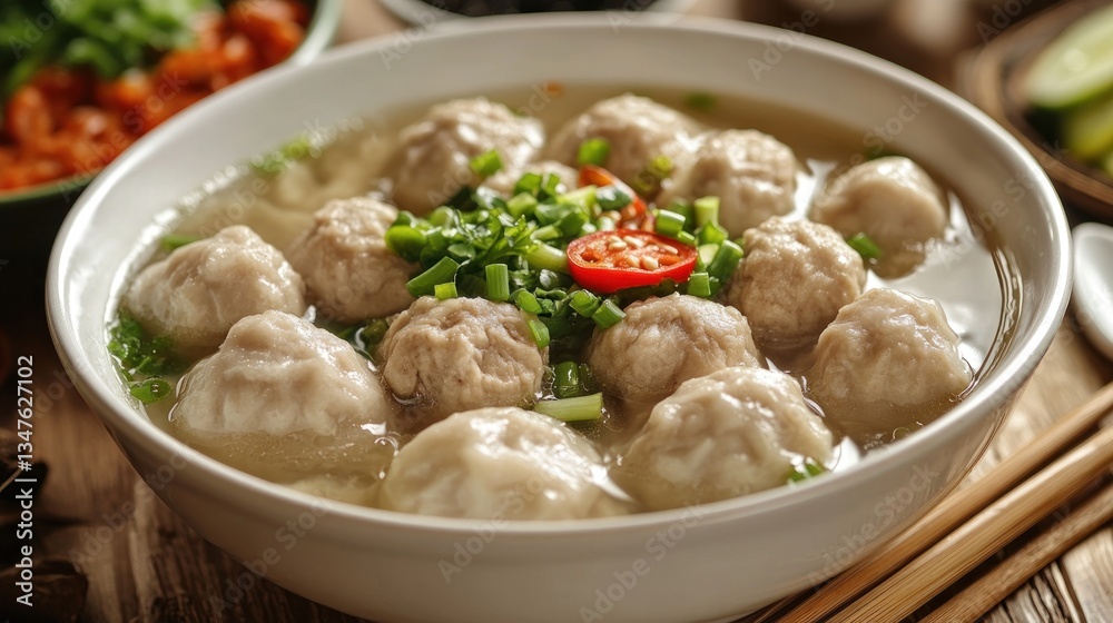 Bowl of flavorful soup dumplings. A steaming hot broth filled with tender, meat-filled dumplings. Garnished with fresh green onions and cherry tomatoes Bowl of flavorful soup dumplings. A steaming hot broth filled with tender, meat-filled dumplings. Garnished with fresh green onions and cherry tomatoes