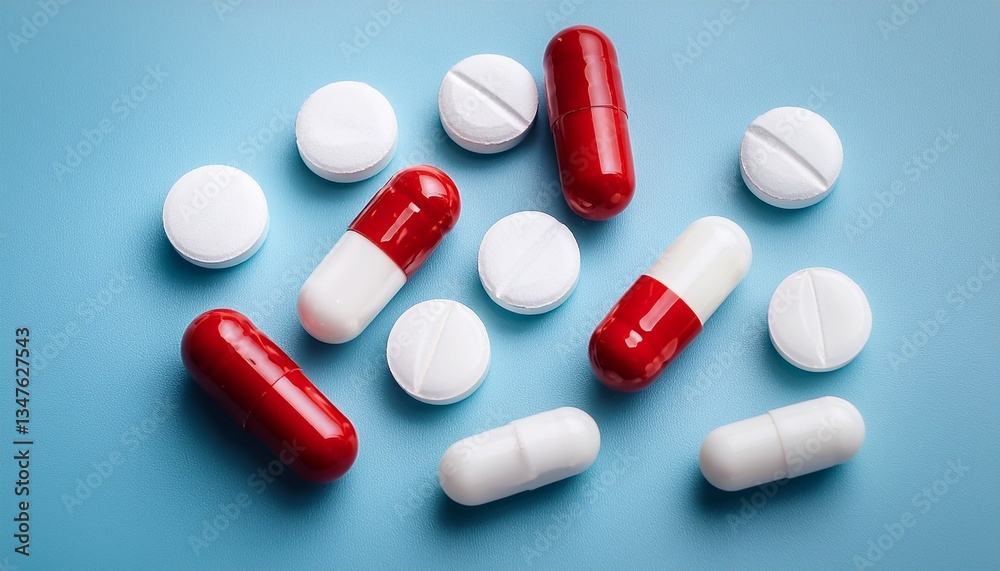 red and white capsules and white tablets on light blue background red and white capsules and white tablets on light blue background