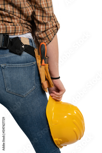Close-up of construction worker's tool belt and hard hat