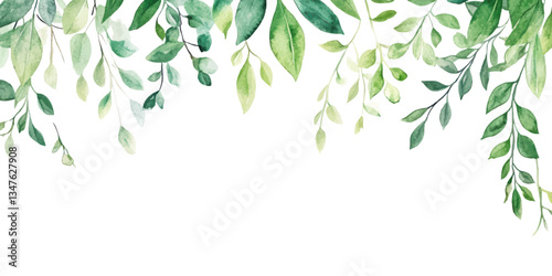 Watercolor green leaves hanging from above on a white background for natural and botanical designs