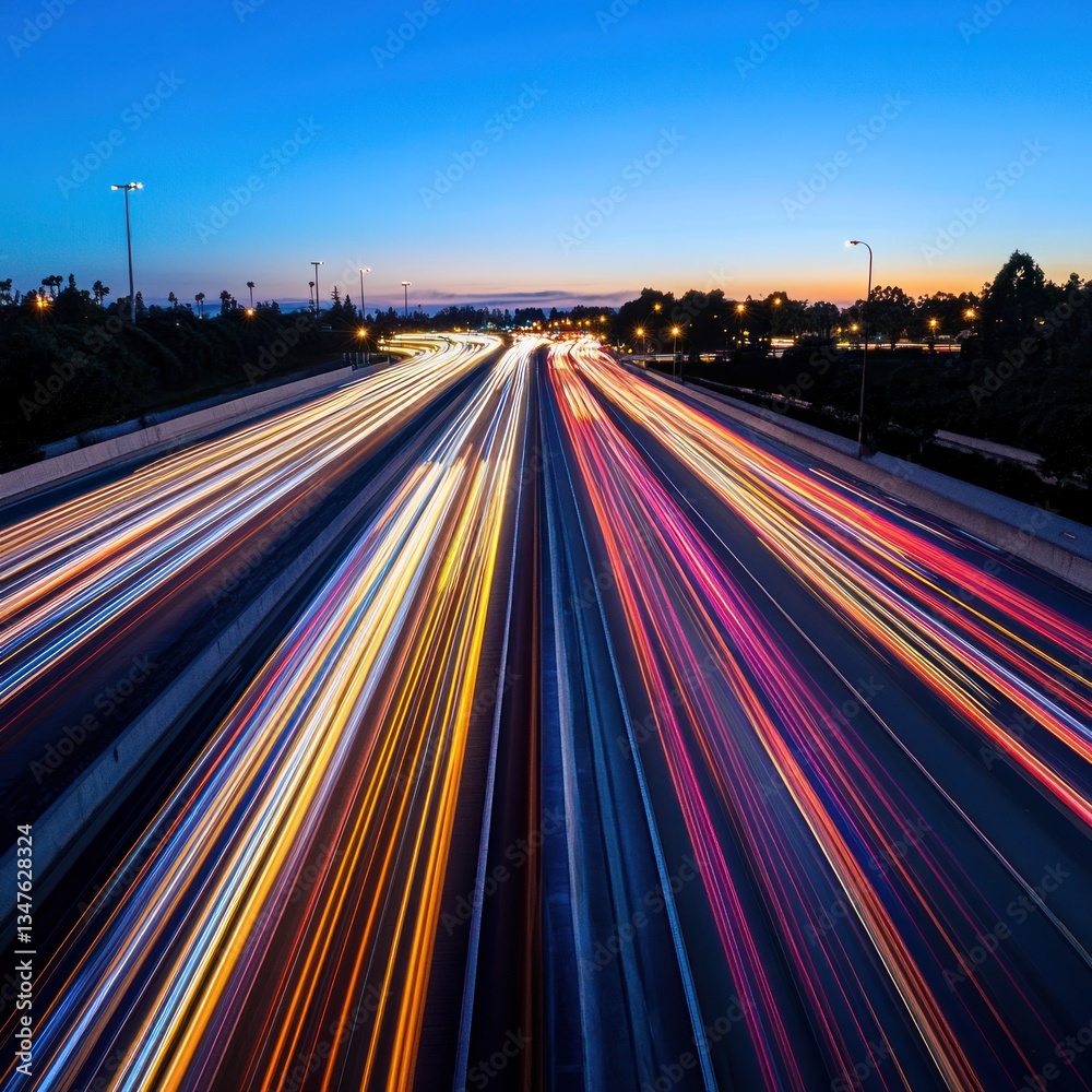 Busy highway at twilight.  Traffic lights streak across