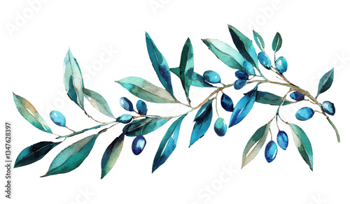 Watercolor illustration of a blue olive branch with leaves on a white background for elegant botanical and decorative designs