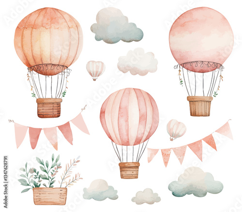 Watercolor illustration of vintage hot air balloons with pastel clouds and decorative flags for whimsical travel and adventure themes