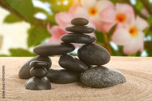 Canvas Print Stack of zen stones on the sand isolated on white background.