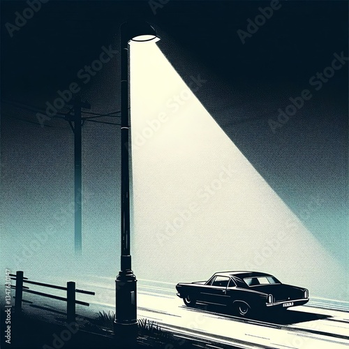 Lone Car Under a Streetlight at Night