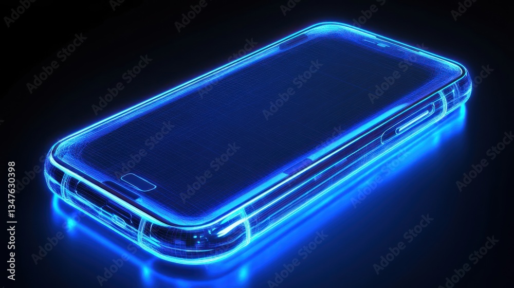 Neon glowing phone case on dark background.  Possible use Stock photo for technology, gadget, or phone accessories