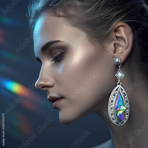 A high-tech cybernetic earring with a miniature floating hologram, futuristic and elegant design.