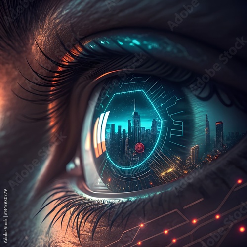 Ultra-close-up of a cybernetic eye with glowing neon circuits, reflecting a futuristic cityscape.