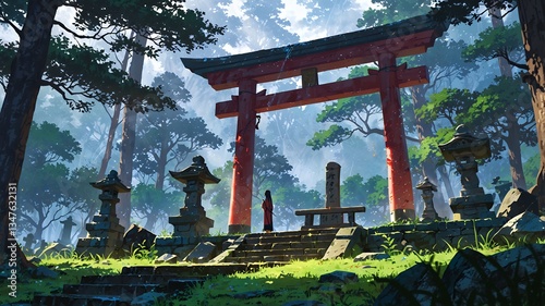Serene forest shrine with torii gate, person meditating