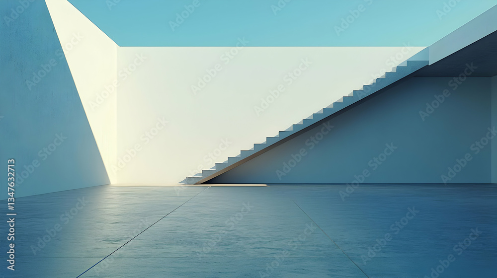 Obraz premium Modern Architectural Interior With Concrete Floor White Walls and Staircase Bathed in Sunlight