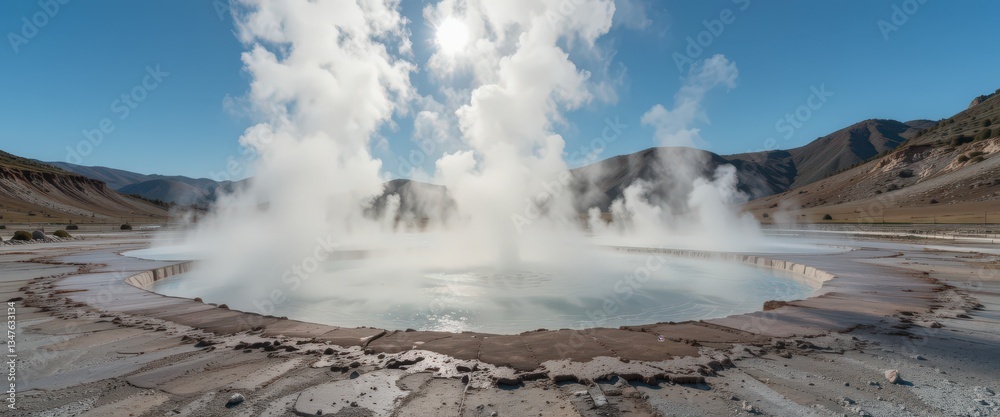 Geothermal hot spring with steam rising in a mountainous landscape. Geothermal hot spring with steam rising in a mountainous landscape.