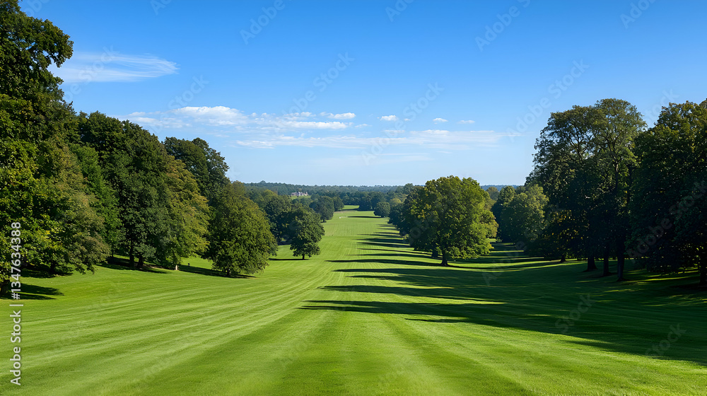 Green grassy field lined with trees under a clear blue sky creating a sunny landscape view Green grassy field lined with trees under a clear blue sky creating a sunny landscape view