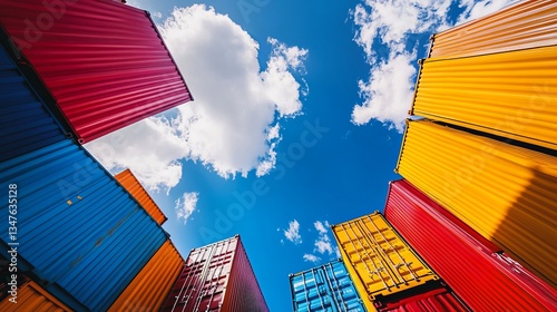 Colorful Shipping Containers Under Bright Blue Sky – Logistics, Global Trade, and Industrial Freight Transport photo