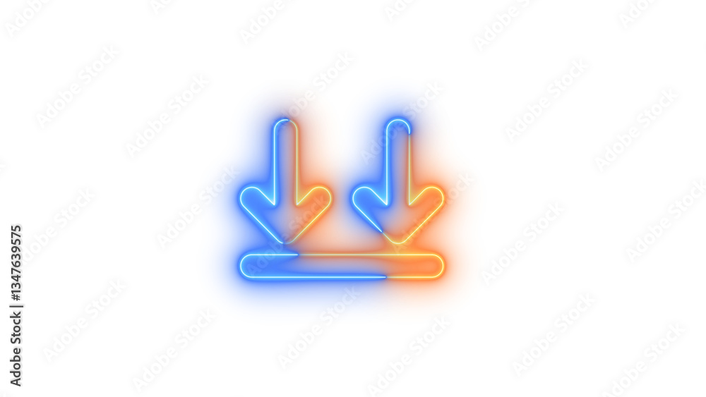 Neon arrows down to line symbol icon blue brown color glowing with transparent background Neon arrows down to line symbol icon blue brown color glowing with transparent background