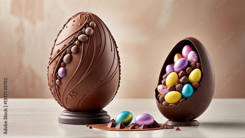 A chocolate easter egg with chocolate eggs inside of it. A chocolate easter egg with chocolate eggs inside of it.