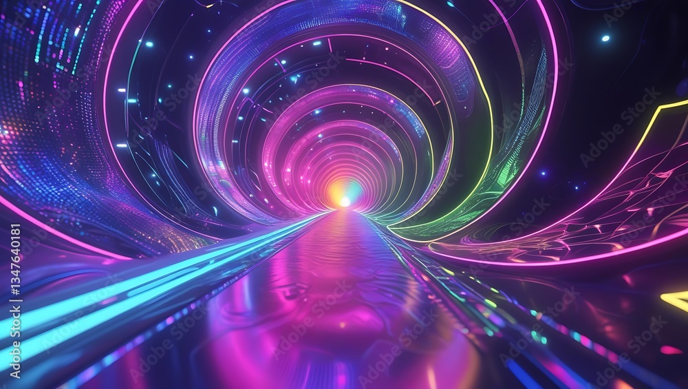 Naklejka premium Futuristic Neon Tunnel with Vibrant Lights and Sci-Fi Cyberpunk Aesthetic