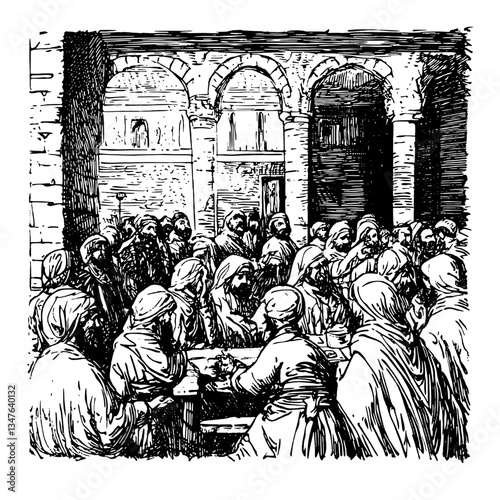 Engraved illustration of a vintage gathering in an ancient setting depicting community interaction and storytelling