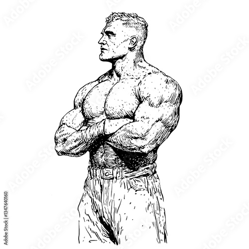 Intricate engraved illustration of a muscular man exuding confidence and strength in a vintage style
