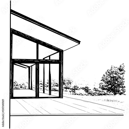 Modern architectural design featuring a spacious glass structure set in a serene natural landscape with detailed engraving style