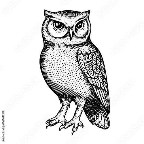 Engraved illustration of a majestic owl with intricate detailing in vintage style featuring bold contrasts