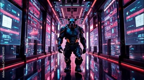 The bear robot walks past the graphs glowing red. Artificial intelligence and the bear market.	
